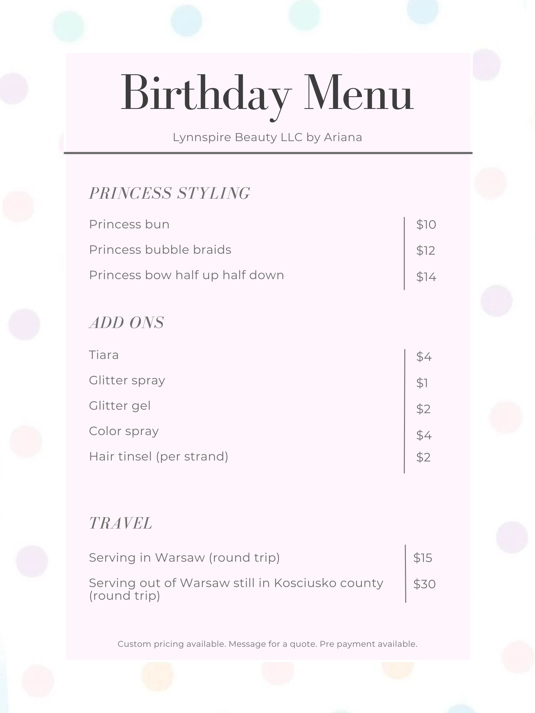 Pricing and services sheet 1